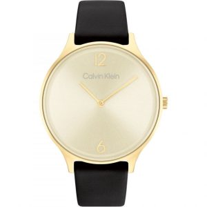 Calvin Klein Gold Dial Black Leather Strap Women Watch 25200008