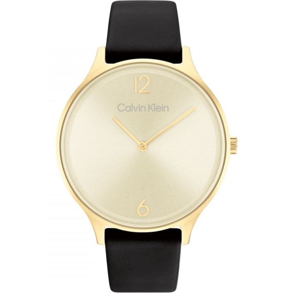 Calvin Klein Gold Dial Black Leather Strap Women Watch 25200008